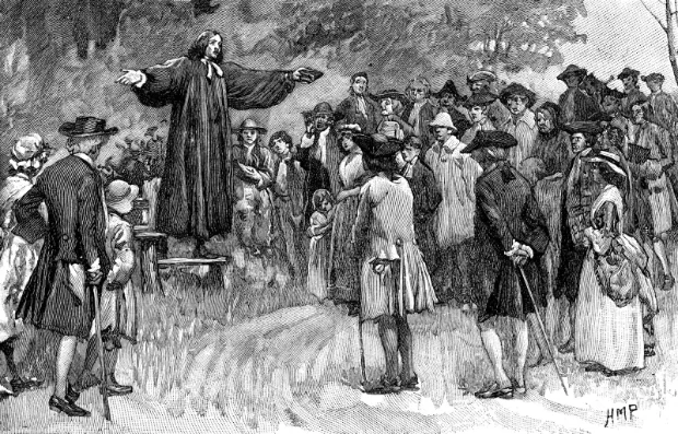 Historical engraving of open-air preaching